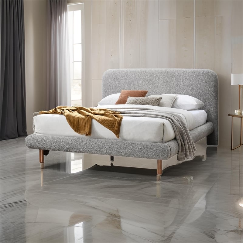 Damazy Queen Bed- Curved Edges- Gray Boucle Upholstery- Brown Wood