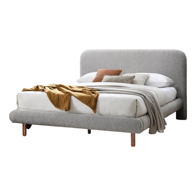 Damazy Queen Bed- Curved Edges- Gray Boucle Upholstery- Brown Wood