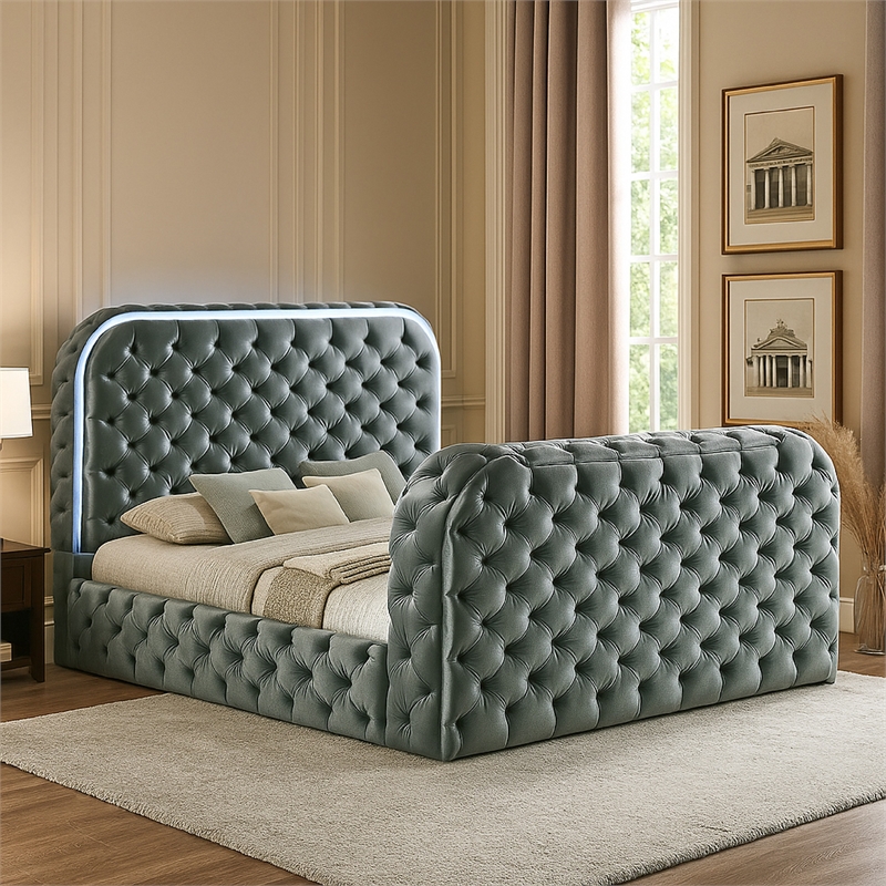 Kerie King Bed with LED Fireplace- Hidden Lift TV Stand- Gray Velvet