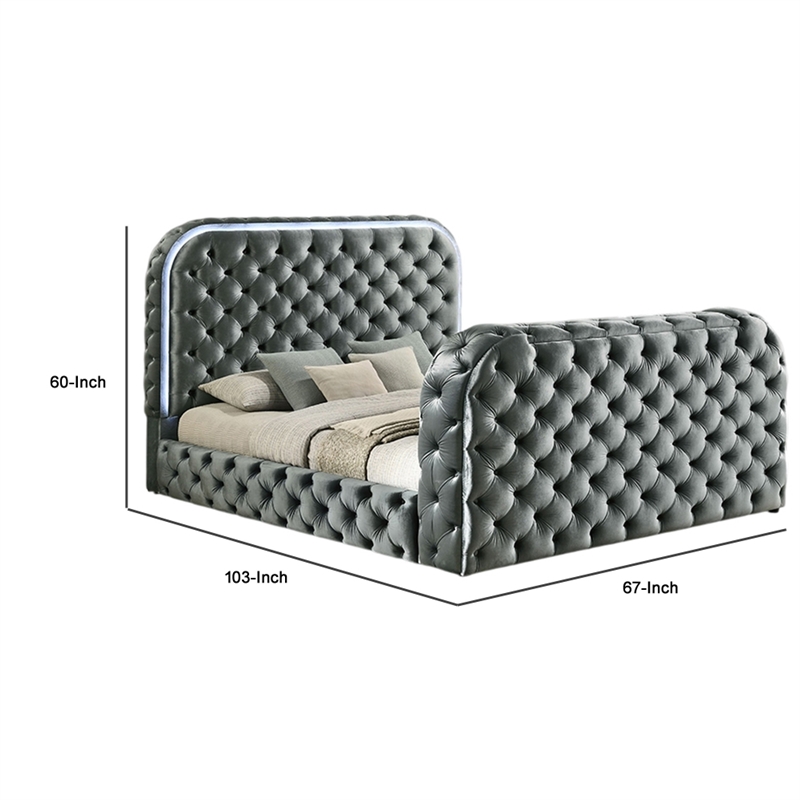 Kerie Queen Bed with LED Fireplace- Hidden Lift TV Stand- Gray Velvet