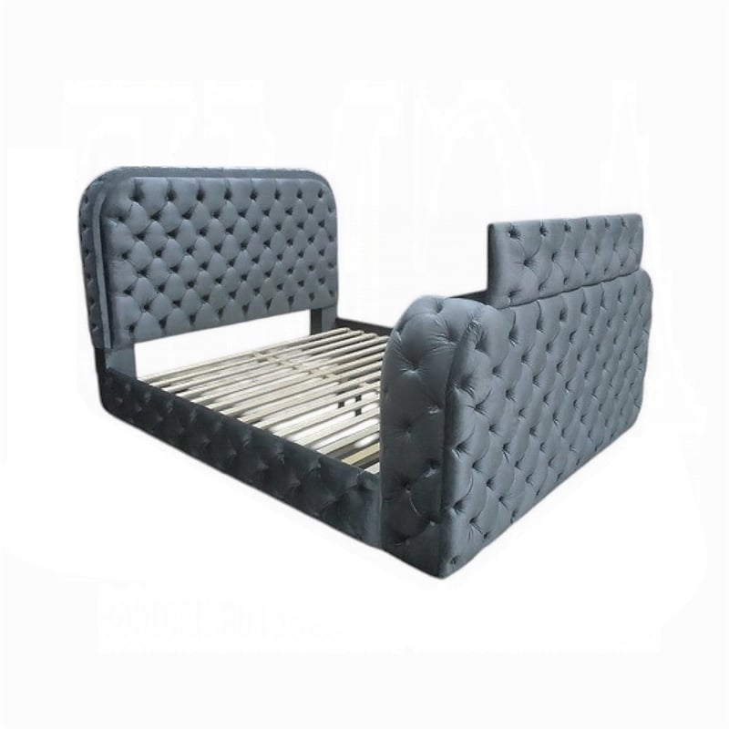 Kerie Queen Bed with LED Fireplace- Hidden Lift TV Stand- Gray Velvet