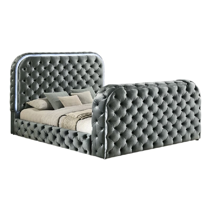 Kerie Queen Bed with LED Fireplace- Hidden Lift TV Stand- Gray Velvet