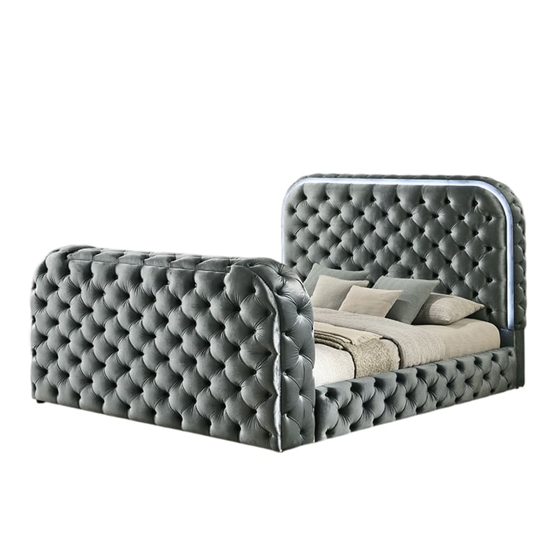 Kerie Queen Bed with LED Fireplace- Hidden Lift TV Stand- Gray Velvet