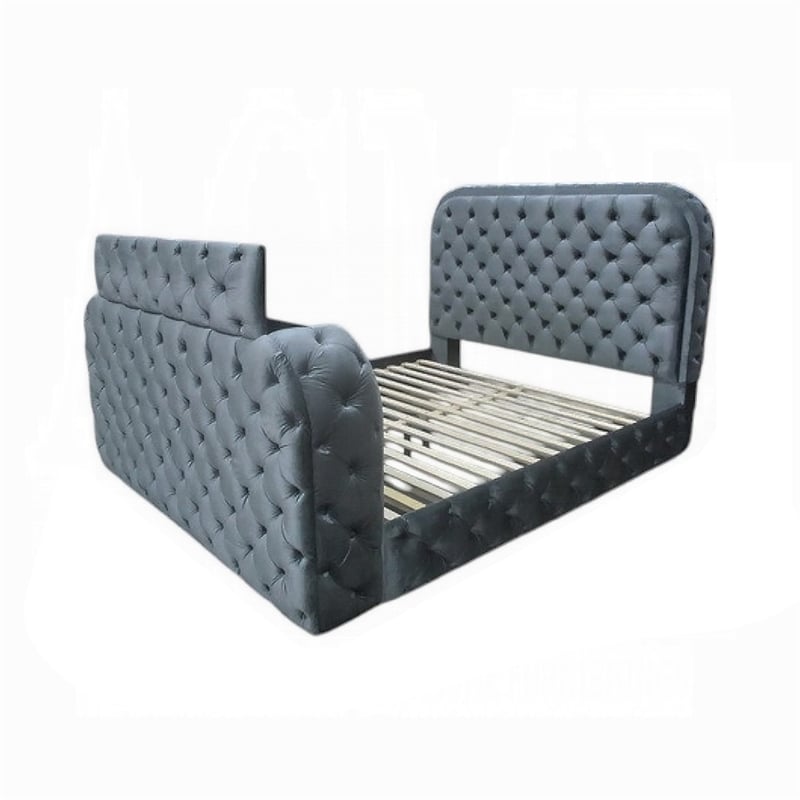 Kerie Queen Bed with LED Fireplace- Hidden Lift TV Stand- Gray Velvet