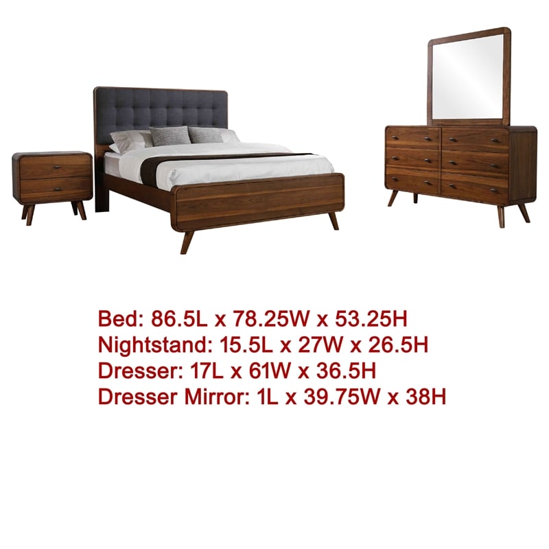 Ryb 4pc Bedroom Set with King Bed- Walnut Brown- Dark Gray Upholstery