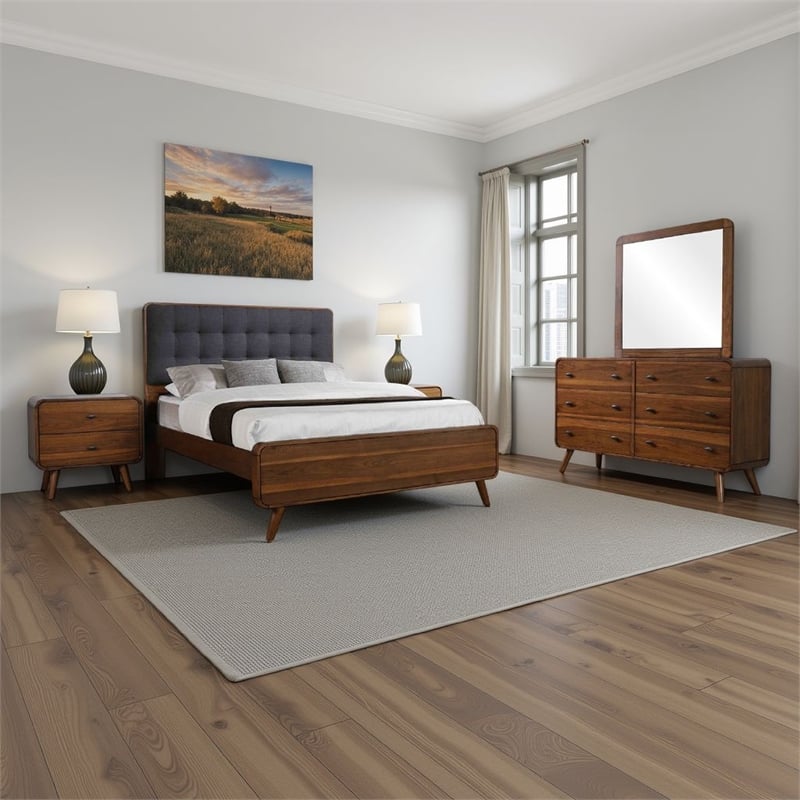 Ryb 4pc Bedroom Set with King Bed- Walnut Brown- Dark Gray Upholstery
