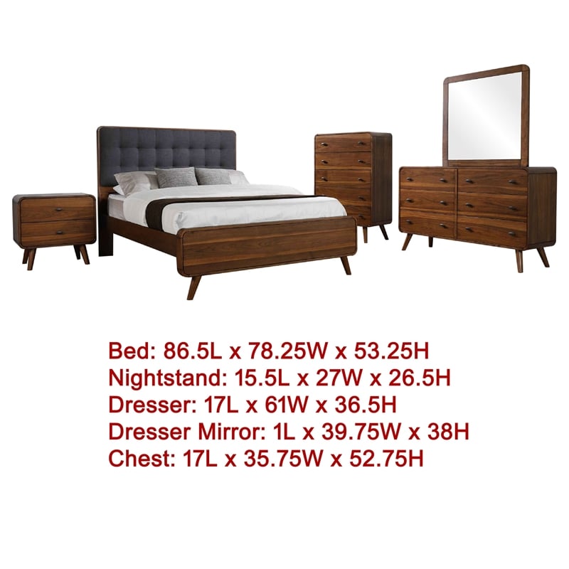 Ryb 5pc Bedroom Set with King Bed- Walnut Brown- Dark Gray Upholstery