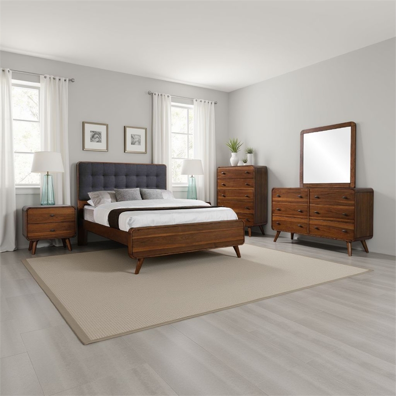 Ryb 5pc Bedroom Set with King Bed- Walnut Brown- Dark Gray Upholstery