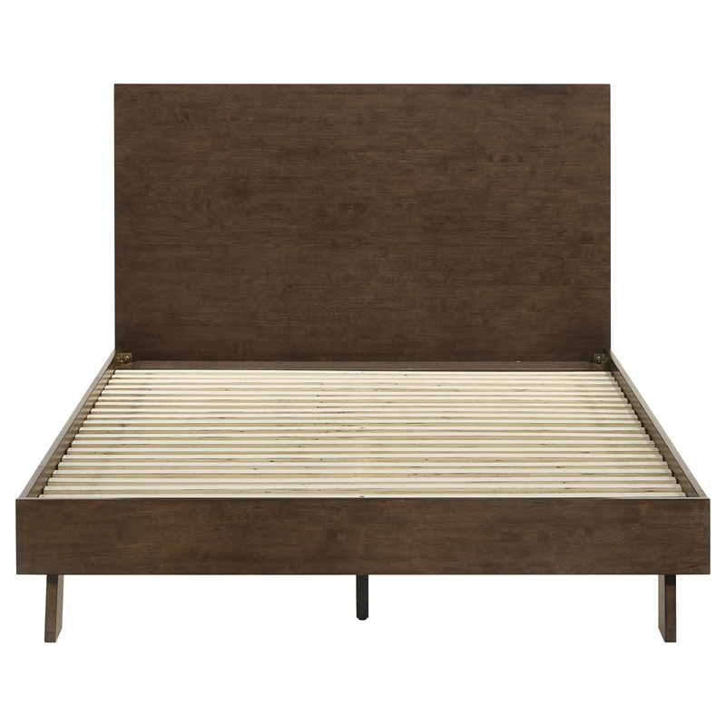 Genu Queen Platform Bed- Panel Headboard- Warm Walnut Brown Wood