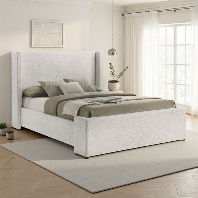 Mosy Queen Platform Bed- White Boucle Upholstered Wingback Headboard