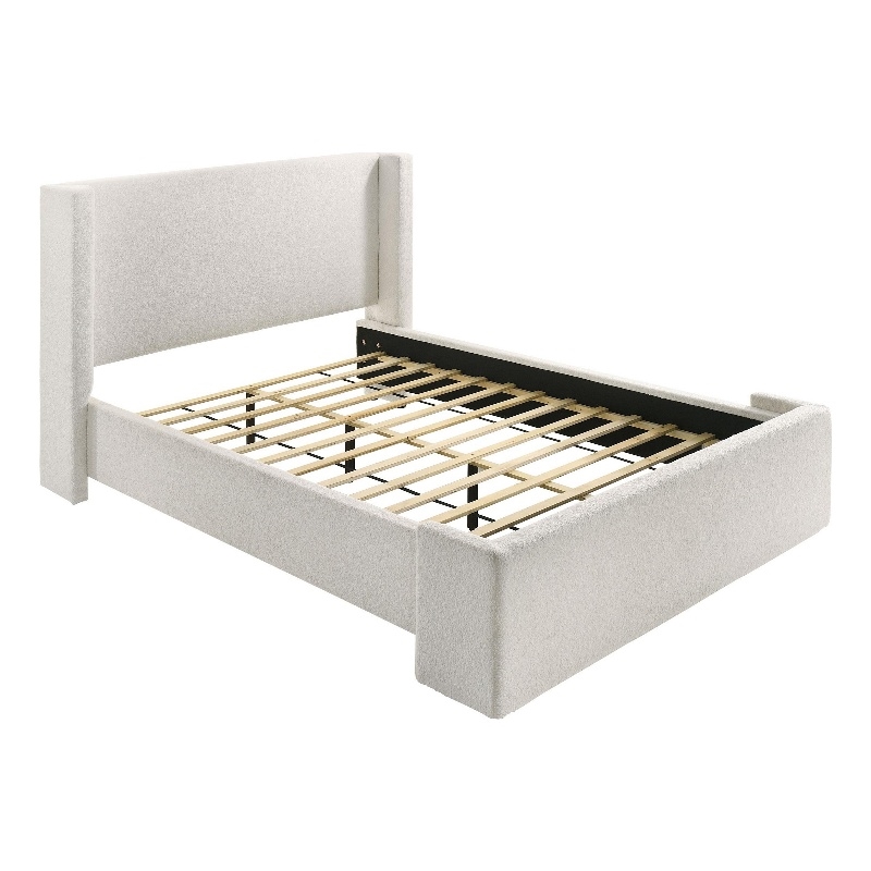 Mosy Queen Platform Bed- White Boucle Upholstered Wingback Headboard