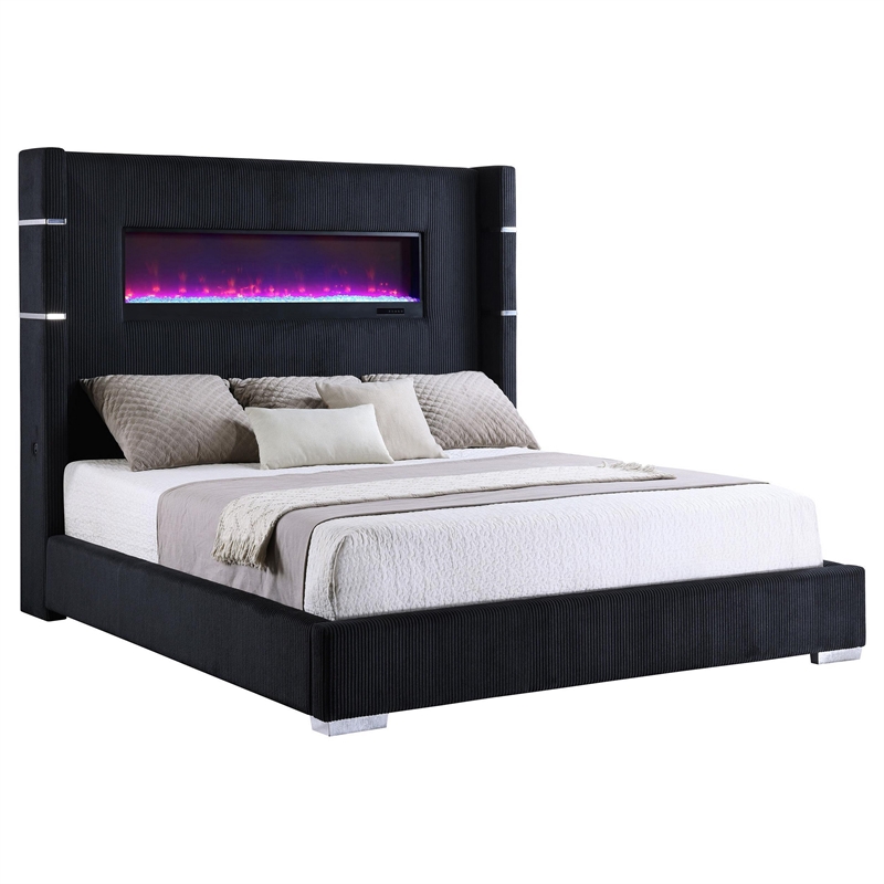 Caro Queen Bed- Wingback Panel w LED Flame- Black Corduroy Upholstery
