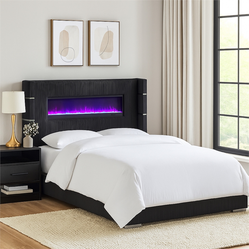Caro Queen Bed- Wingback Panel w LED Flame- Black Corduroy Upholstery