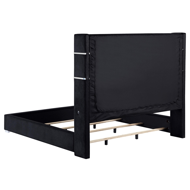 Caro King Bed- Wingback Panel w LED Flame- Black Corduroy Upholstery