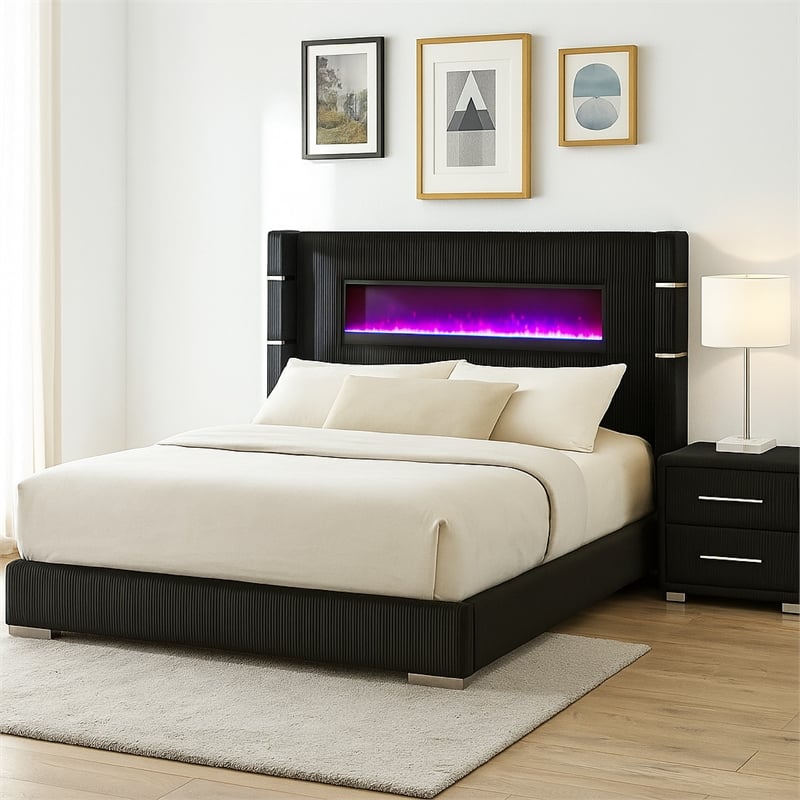 Caro King Bed- Wingback Panel w LED Flame- Black Corduroy Upholstery