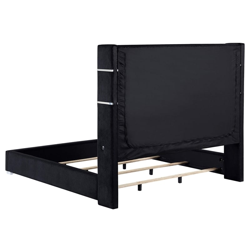 Caro King Bed- Wingback Panel w LED Flame- Black Corduroy Upholstery