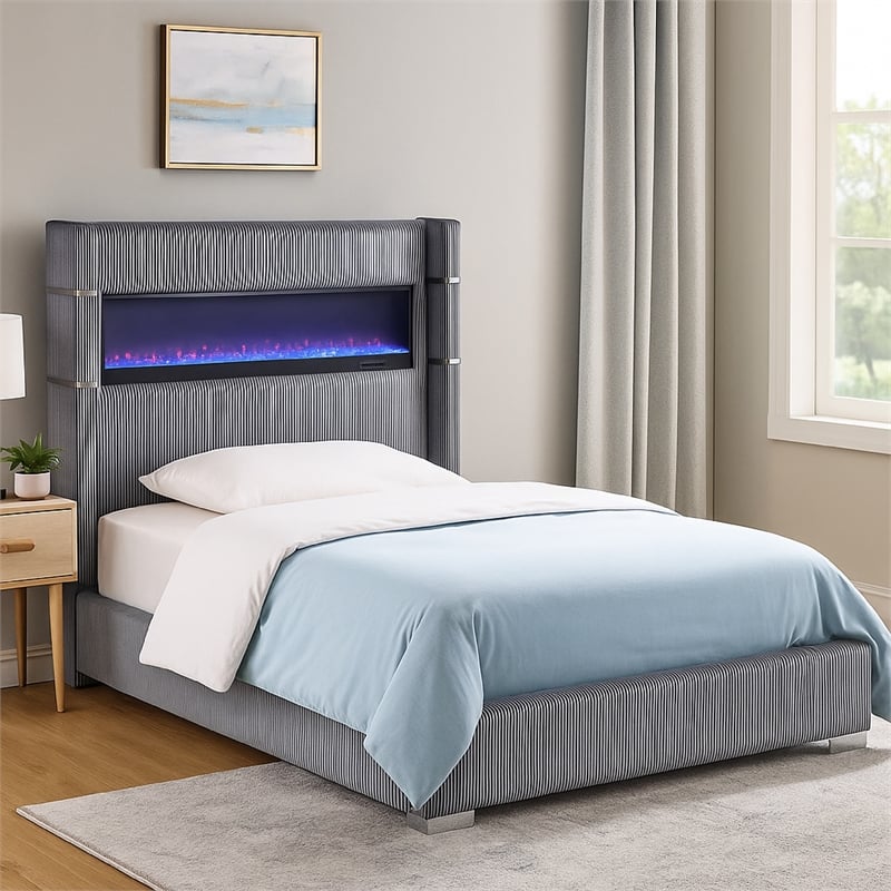 Caro Queen Bed- Wingback Panel w LED Flame- Gray Corduroy Upholstery