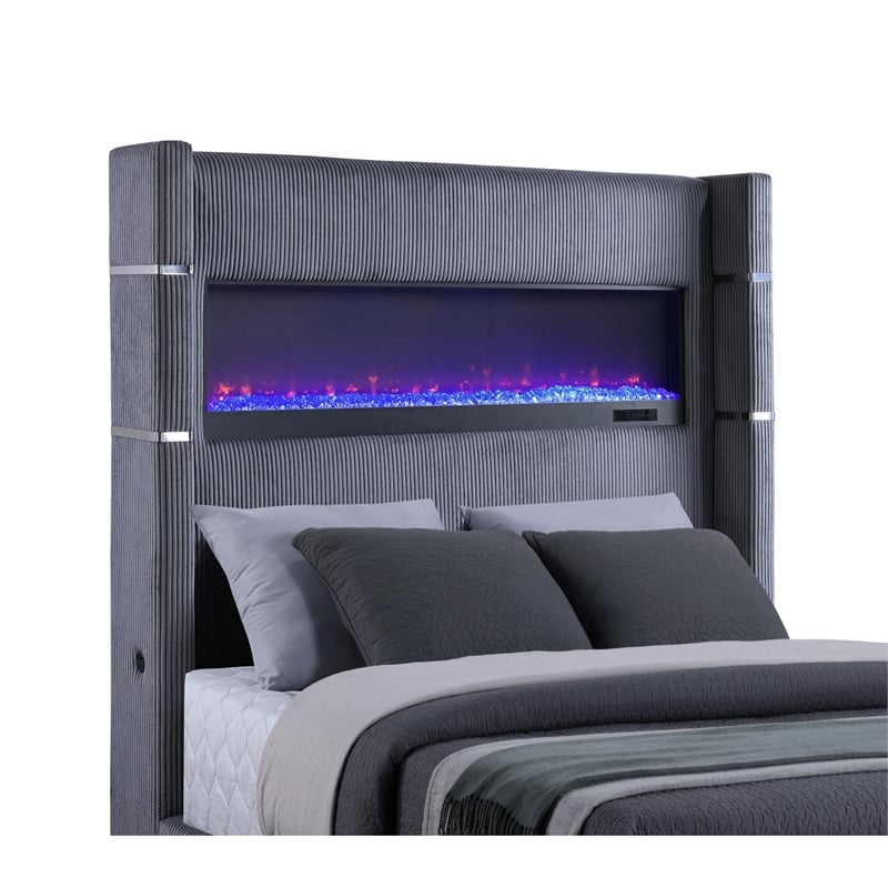 Caro Queen Bed- Wingback Panel w LED Flame- Gray Corduroy Upholstery