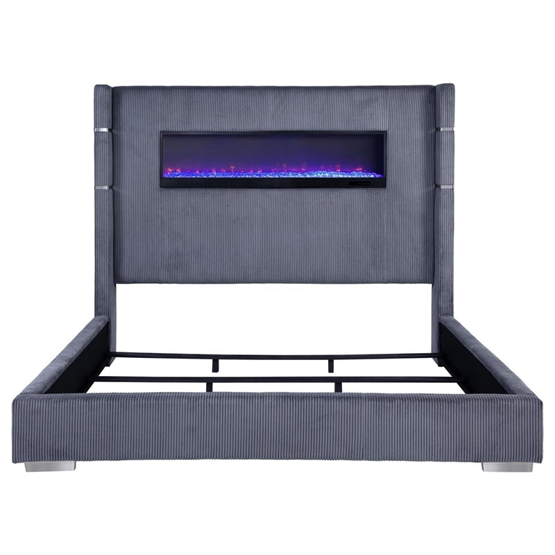Caro King Bed- Wingback Panel w LED Flame- Gray Corduroy Upholstery