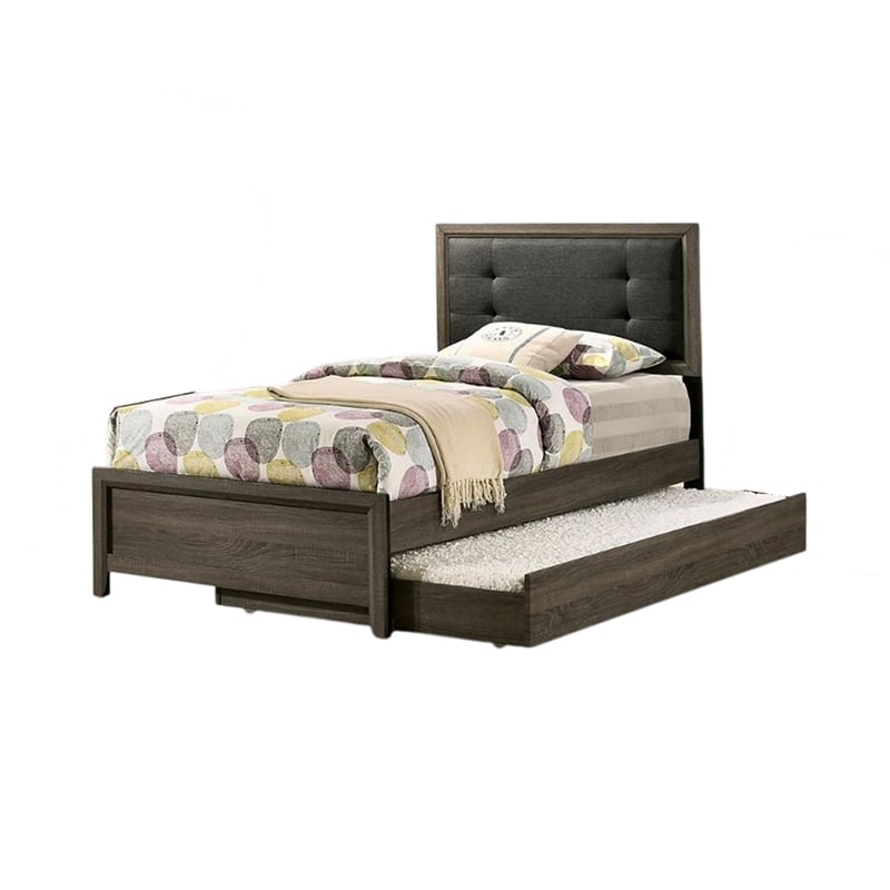 Meli Full Size Bed- Tufted Fabric Upholstery- Dark Gray Solid Wood