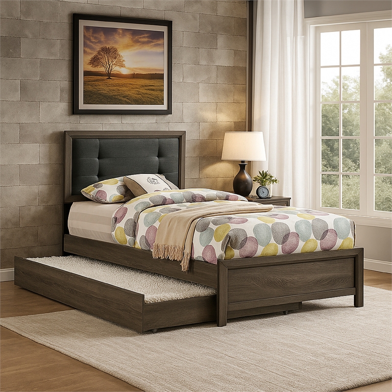 Meli Full Size Bed- Tufted Fabric Upholstery- Dark Gray Solid Wood
