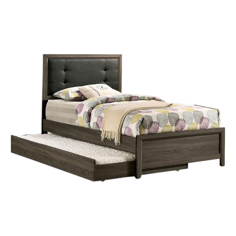 Meli Full Size Bed- Tufted Fabric Upholstery- Dark Gray Solid Wood