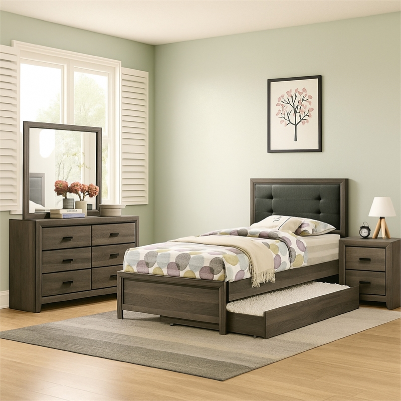 Meli 4pc Twin Size Bed Set with Dresser- Dark Gray Solid Wood Frame