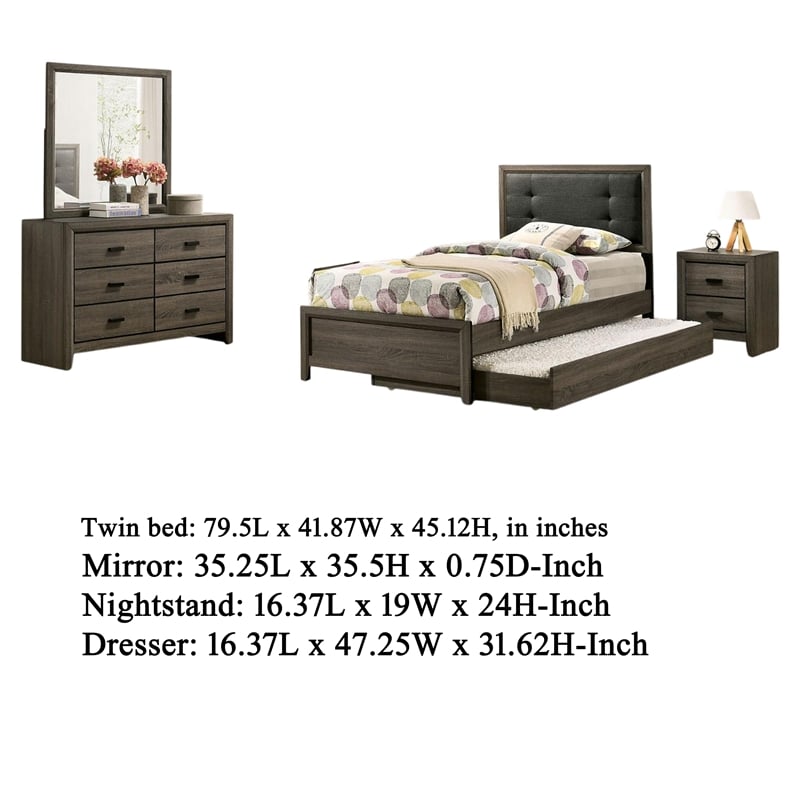 Meli 4pc Twin Size Bed Set with Dresser- Dark Gray Solid Wood Frame