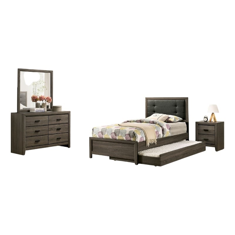 Meli 4pc Twin Size Bed Set with Dresser- Dark Gray Solid Wood Frame