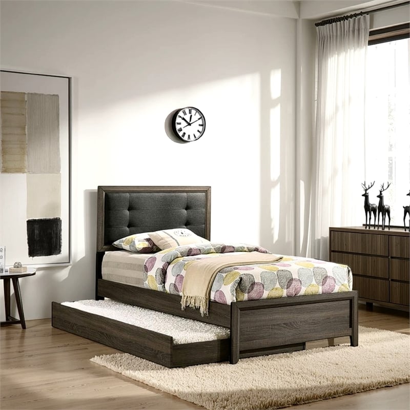 Meli Twin Size Bed- Button Tufted Upholstery- Dark Gray Solid Wood
