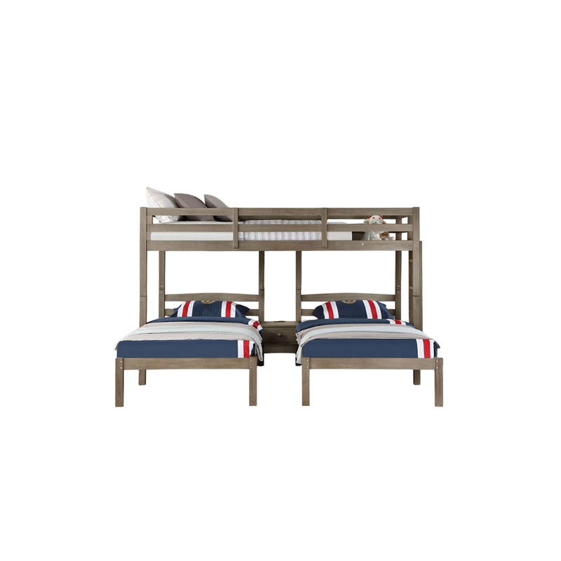 Tenn Triple Twin Bunk Bed- Built In Nightstand and USB Port- Gray Wood