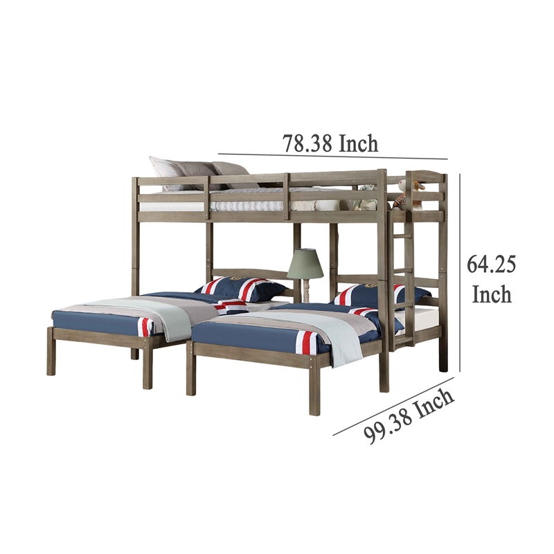 Tenn Triple Twin Bunk Bed- Built In Nightstand and USB Port- Gray Wood