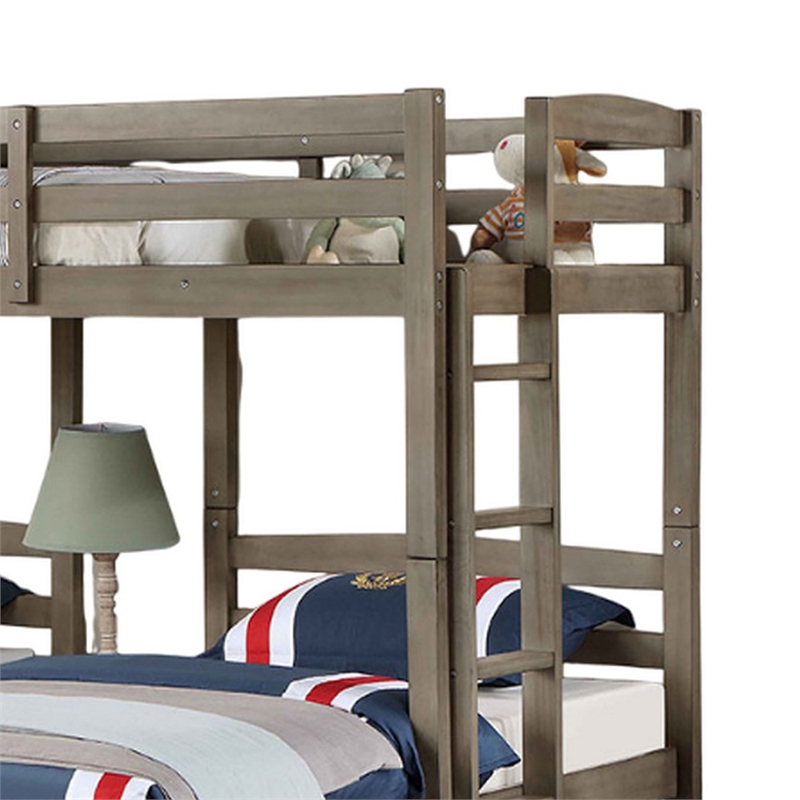 Tenn Triple Twin Bunk Bed- Built In Nightstand and USB Port- Gray Wood