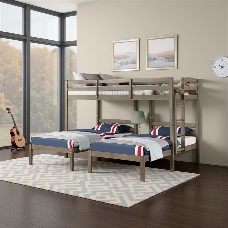 Tenn Triple Twin Bunk Bed- Built In Nightstand and USB Port- Gray Wood
