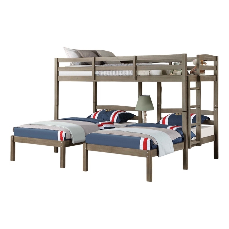 Tenn Triple Twin Bunk Bed- Built In Nightstand and USB Port- Gray Wood