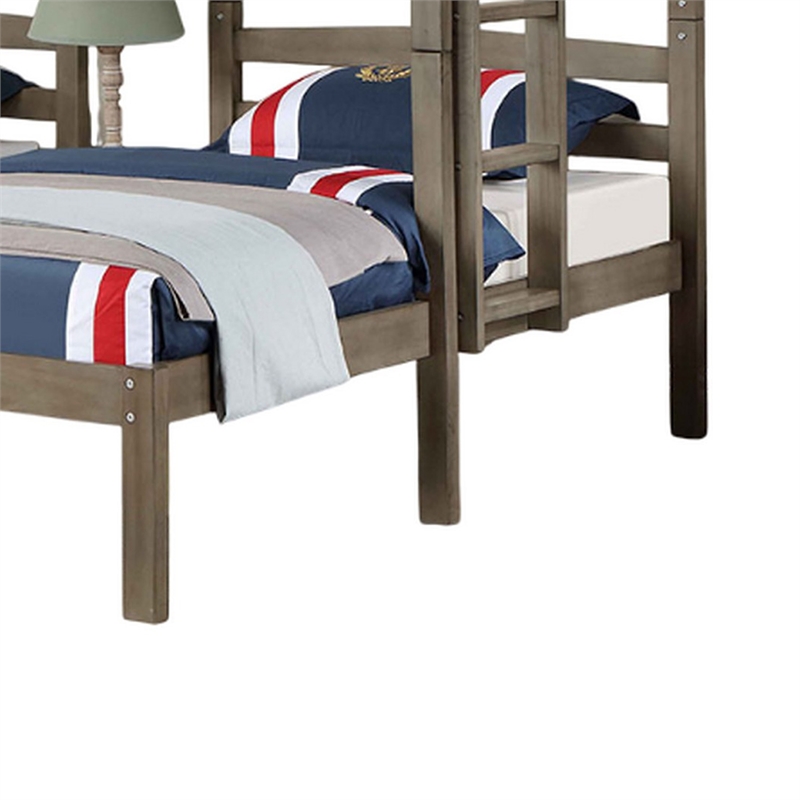 Tenn Triple Twin Bunk Bed- Built In Nightstand and USB Port- Gray Wood