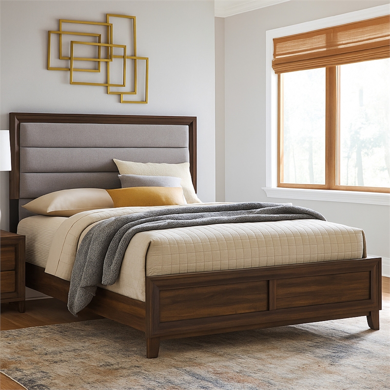 Yels King Size Bed- Gray Channel Tufted Upholstery- Walnut Brown Wood