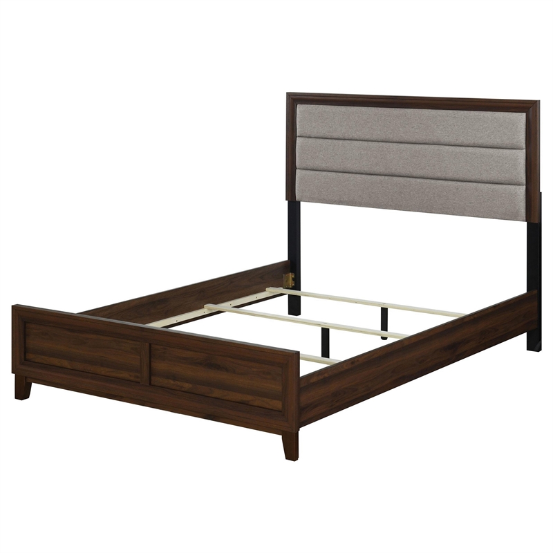 Yels King Size Bed- Gray Channel Tufted Upholstery- Walnut Brown Wood