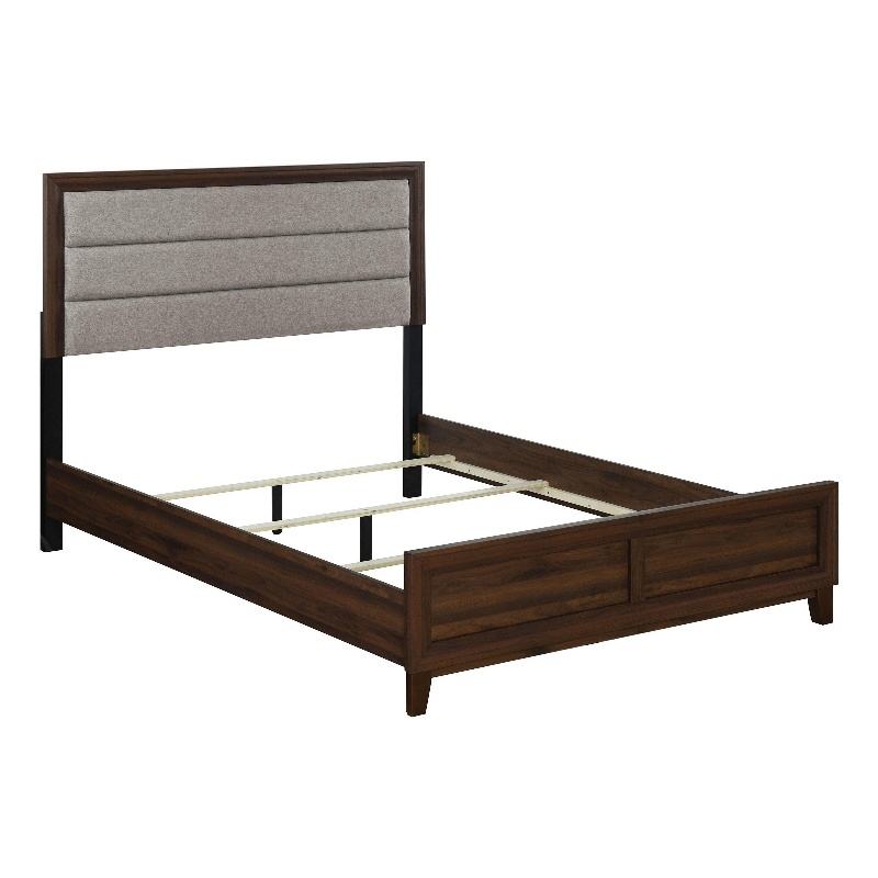 Yels King Size Bed- Gray Channel Tufted Upholstery- Walnut Brown Wood