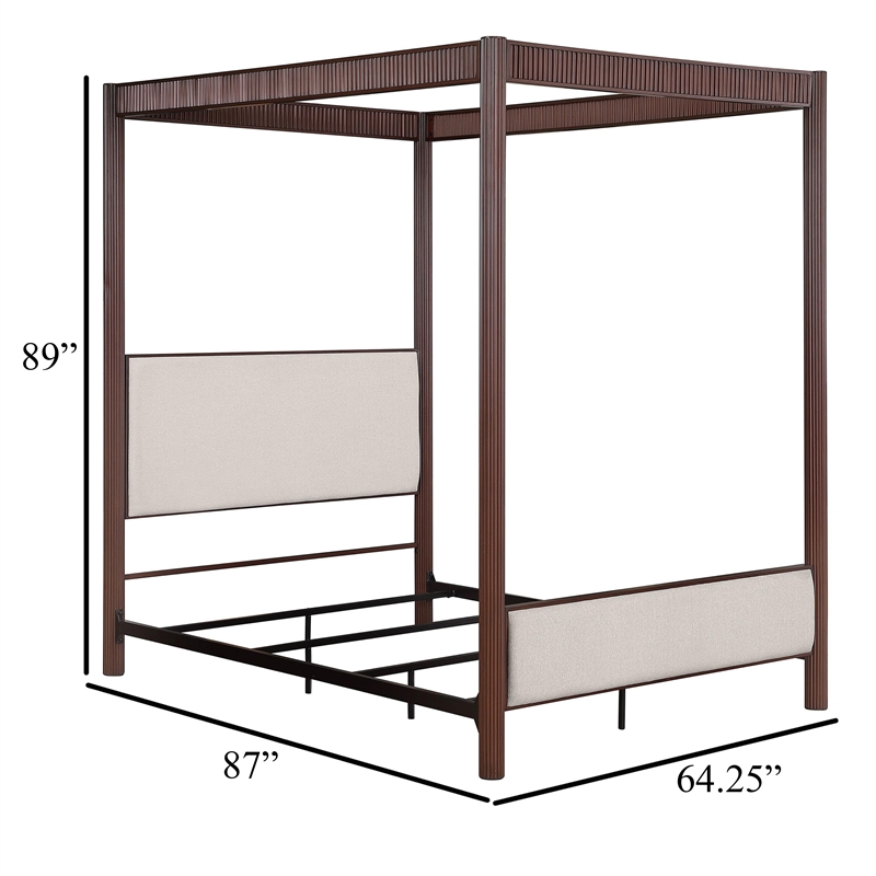 Zemy Queen Canopy Bed with 4 Posts- Beige Upholstery- Brown Metal