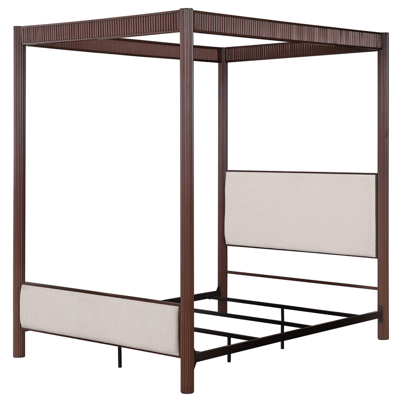 Zemy Queen Canopy Bed with 4 Posts- Beige Upholstery- Brown Metal