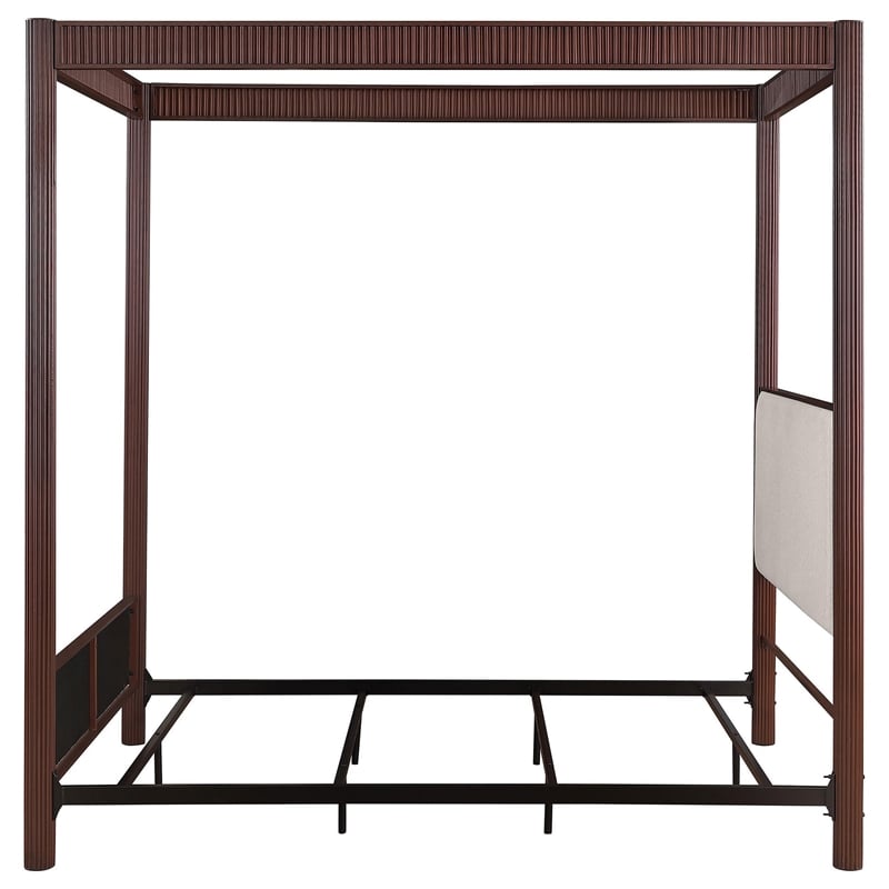 Zemy Queen Canopy Bed with 4 Posts- Beige Upholstery- Brown Metal