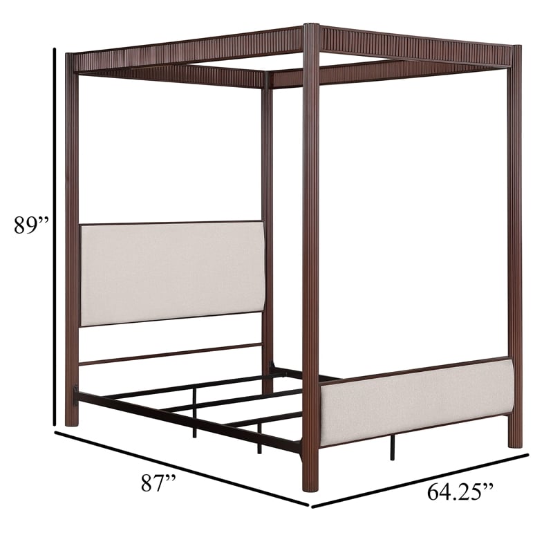 Zemy Queen Canopy Bed with 4 Posts- Beige Upholstery- Brown Metal