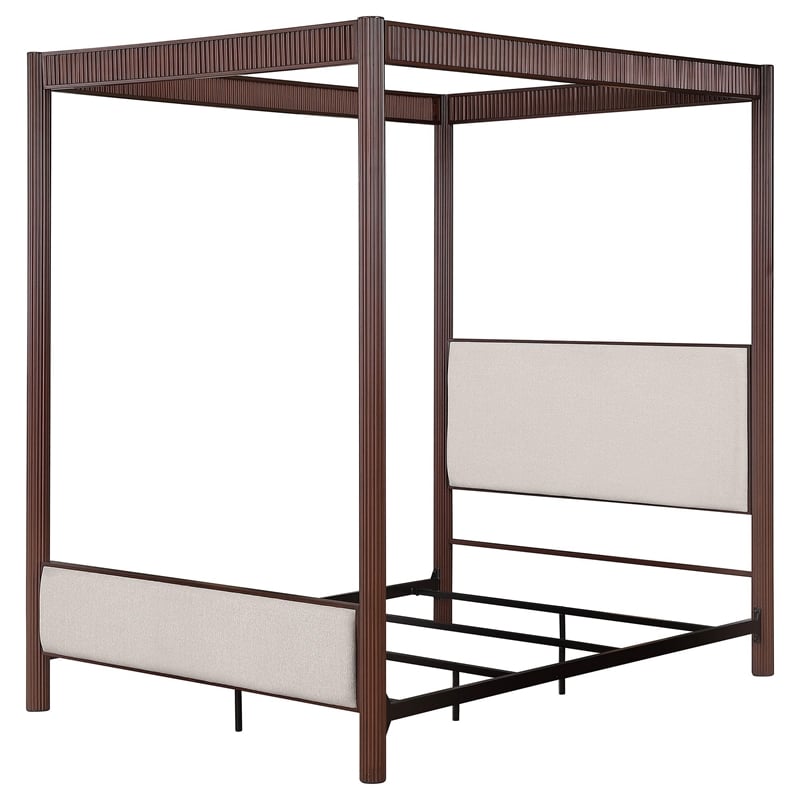 Zemy Queen Canopy Bed with 4 Posts- Beige Upholstery- Brown Metal