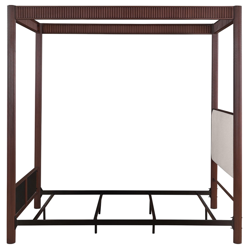 Zemy Queen Canopy Bed with 4 Posts- Beige Upholstery- Brown Metal