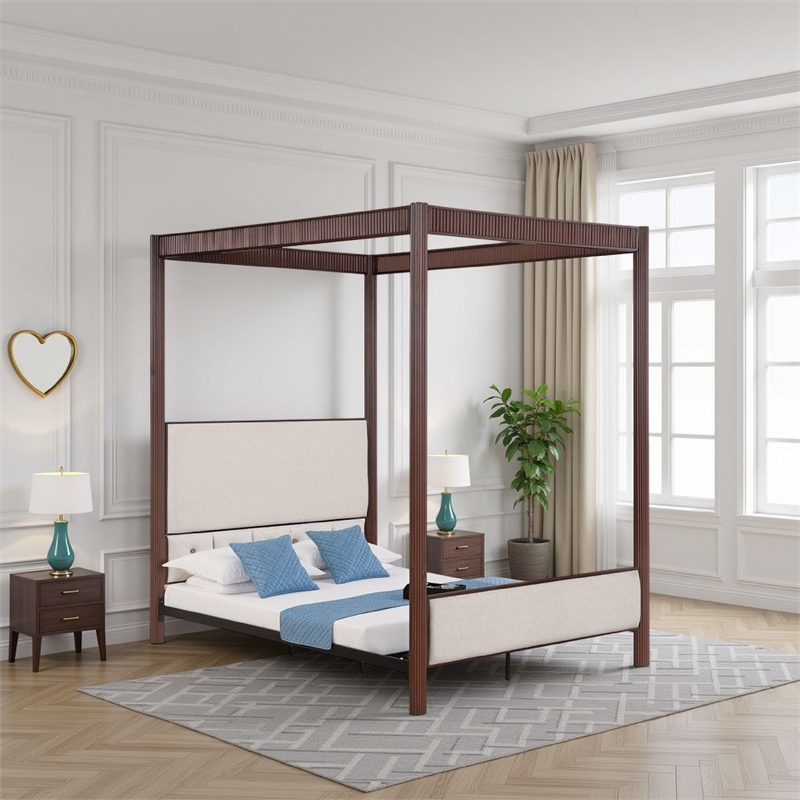 Zemy Queen Canopy Bed with 4 Posts- Beige Upholstery- Brown Metal