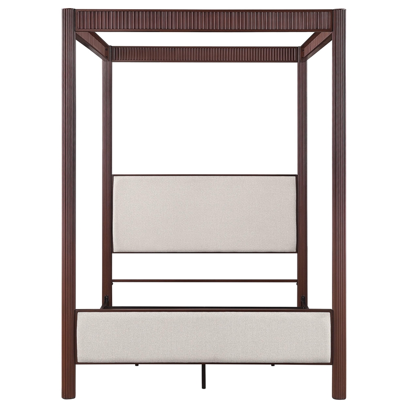 Zemy Queen Canopy Bed with 4 Posts- Beige Upholstery- Brown Metal