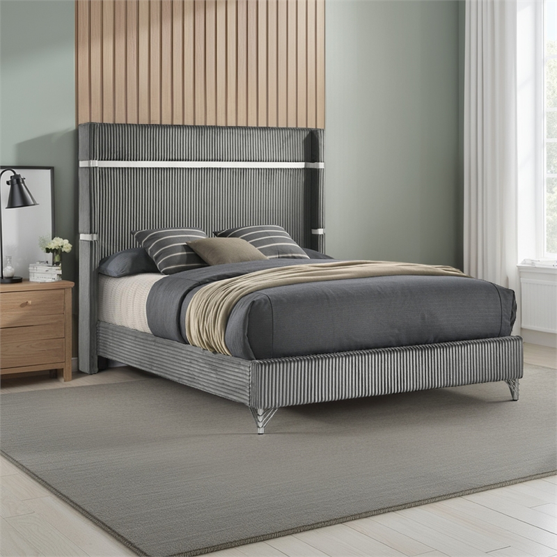 Jenny Queen Size Bed- Wingback Fluted Upholstered Headboard- Gray