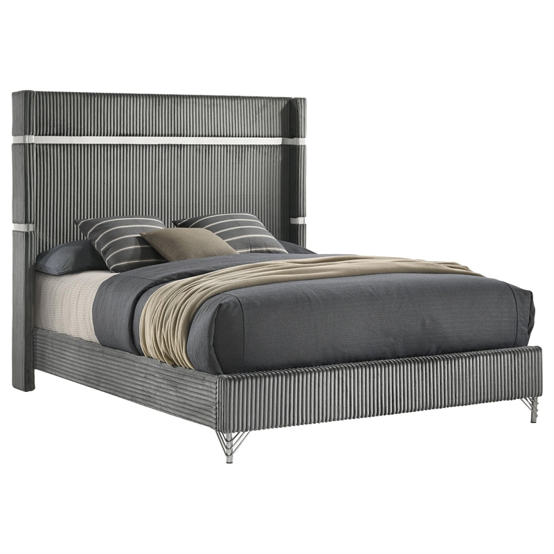 Jenny Queen Size Bed- Wingback Fluted Upholstered Headboard- Gray