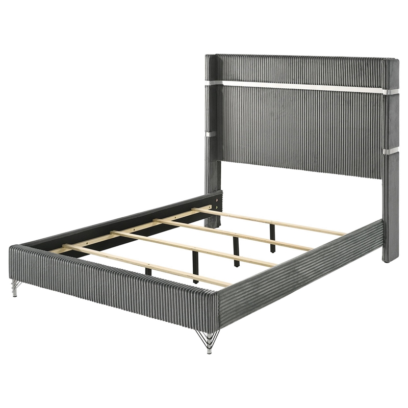 Jenny Queen Size Bed- Wingback Fluted Upholstered Headboard- Gray